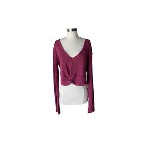 Free People Sweater Top S Pink Cropped Got Me Twisted Knot Rib Knit Slouchy